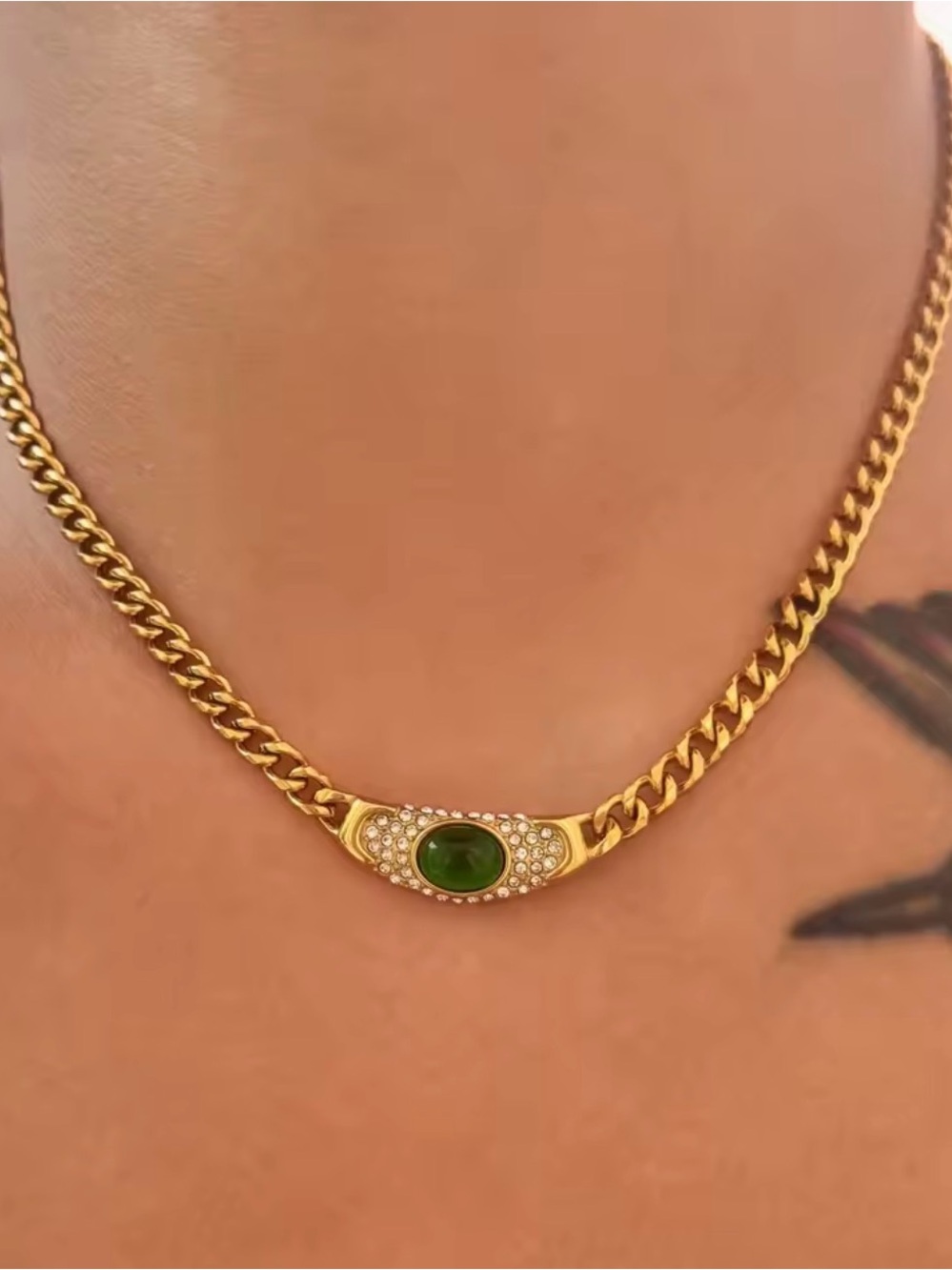 18K Gold Plated Green Stone & Cubic Zirconia Pendant Necklace - Picture 6 of 9